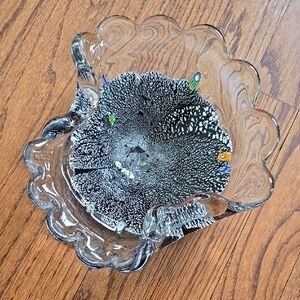 Fused Glass Elegant Black and Silver with Pops of Color Heavy Art Bowl